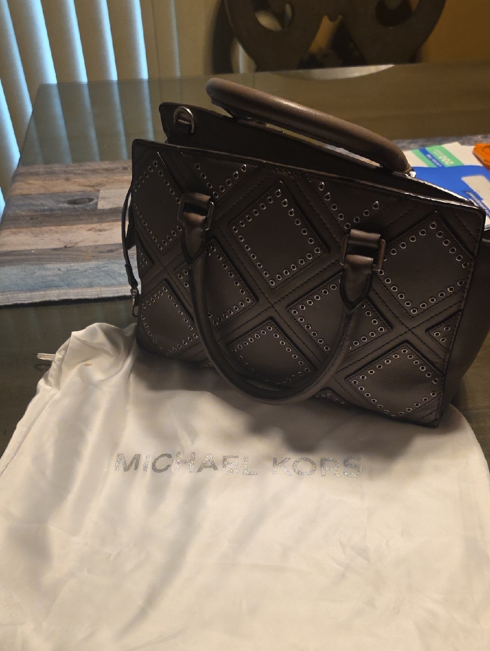 Michael Kors Brown Diamond-Quilt Studded Satchel